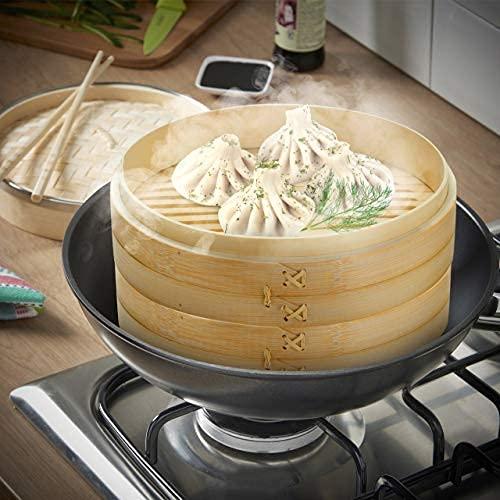 Prime Home Direct Bamboo Steamer Basket 10-inch | 2-Tier Steamer for Cooking | 50 Liners, Chopsticks & Sauce Dish | Dumpling Steamer, Food Steamer Baskets for Cooking - Rice & Vegetable Steamer Pot - CookCave