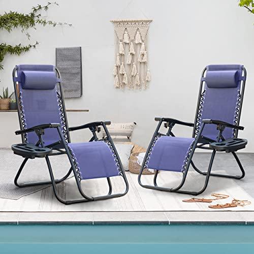 Homall Zero Gravity Chair Patio Folding Lawn Outdoor Lounge Gravity Camp Reclining Lounge Chair with Cup Holder Pillows for Poolside Backyard and Beach Set of 2 (Blue) - CookCave