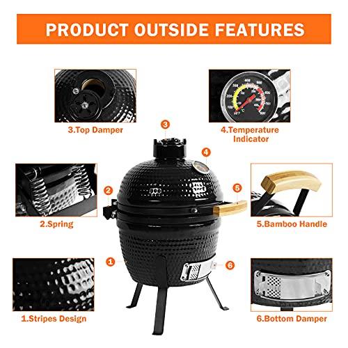 oneinmil Kamado 13" Ceramic Charcoal Grill - Multifunctional Barbecue Grill for Variations on Cooking Methods, Outdoor Tabletop Portable Egg Style Black - CookCave