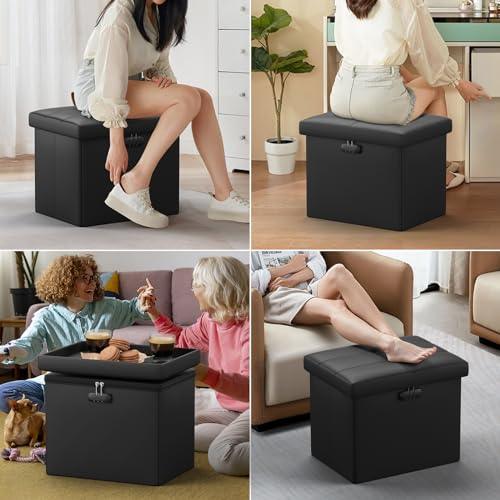 ENGPOW Storage Ottoman with Lock,Fireproof ＆ Waterproof Folding Ottoman Foot Rest Stool Storage Chest with Storage Safe for Important Documents,17 Inches Short Ottoman Foot Stool with Zippers,Black - CookCave