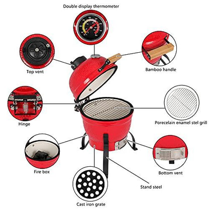 Outvita Ceramic Grill, 13" Round Kamado Charcoal Grill, Portable Barbecue Grill with Thermometer for Variations on Cooking Methods(Red) - CookCave