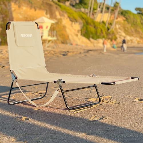 Pool Chair Chaise Lounge 2 Legs Support Polyester Material Reclining Backrest Head Rest Pillow Great For Beach, Home, Backyard, Outdoor, Patio, Pool, Camping, Lawn or Deck Color TAN - CookCave