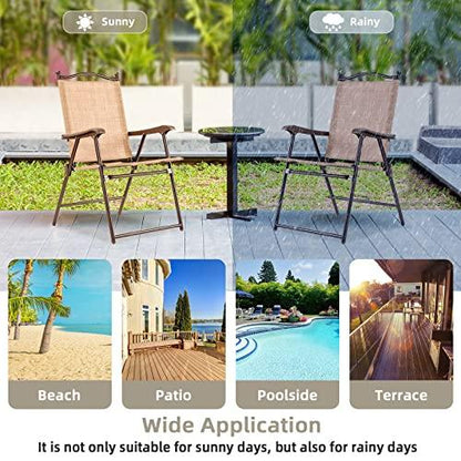 Tangkula Set of 2 Patio Folding Dining Chairs, Outdoor Sling Lawn Chairs with Armrests, Steel Frame, Portable Camping Lounge Chairs for Backyard, Deck, Poolside and Garden, No Assembly (Beige) - CookCave