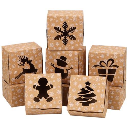 Moretoes 30pcs 4x4x2.5in Christmas Cookie Boxes, Small Xmas Bakery Boxes with Window Brown Kraft Treat Boxes for Holiday Party Favor Pastries, Cupcakes, Donuts Gift Warpping - CookCave