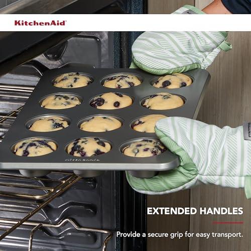 KitchenAid Nonstick 12 Count Muffin Pan with Extended Handles for Easy Girp, Aluminized Steel to Promoted Even Baking, Dishwasher Safe,Contour Silver - CookCave