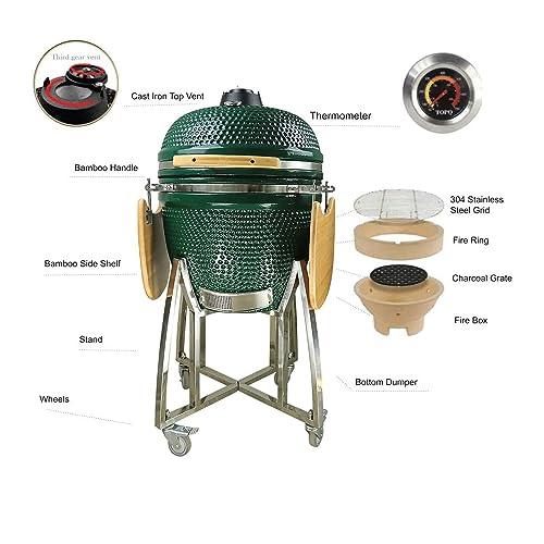 Humos - 23” ExtraLarge Ceramic Kamado, Grill Cooker + Oven + Smoker (With Trolley, Wheels and Cast Iron Vent) Cooking Area 305 Sq Inches - CookCave