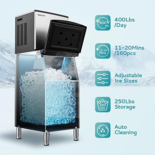 EUHOMY Commercial Ice Maker Machine 400Lbs/24H, SECOP Compressor&ETL Approval, Industrial Ice Machine, 250Lbs Storage, Ice Ready in 8-15 min, Stainless Steel Ice Maker for Bar/Cafe/Restaurant/Business - CookCave