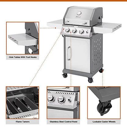 Royal Gourmet GG3001S Stainless Steel 3-Burner Propane Gas Grill, 25,500 BTU Cabinet Style BBQ Gas Grill with Side Tables, Outdoor Cooking Patio Garden Barbecue, Silver - CookCave