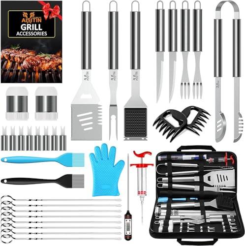 AISITIN 35PCS Grill Accessories BBQ Tools Set, Stainless Steel Grilling Kit with Thermometer, Fork, Tongs and Spatula, Meat Injector, Grill Mat - Gifts for Dad Durable, Stainless Steel Grill Tools - CookCave