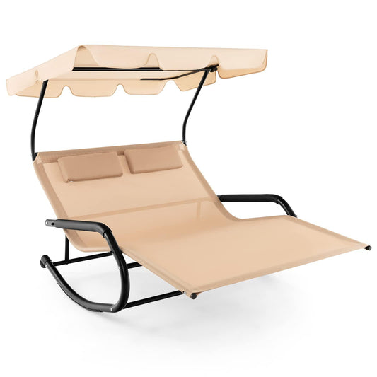 Tangkula 2 Person Lounge Chair with Adjustable Canopy, Outdoor Chaise Lounge with 2 Detachable Pillows and Wheels, Extra Large Double Patio Hammock Bed Swing for Backyard, Poolside - CookCave