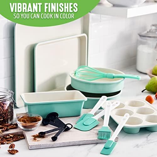 GreenLife Bakeware Healthy Ceramic Nonstick, 12 Piece Baking Set with Cookie Sheets Muffin Cake and Loaf Pans including utensils, PFAS-Free, Turquoise - CookCave