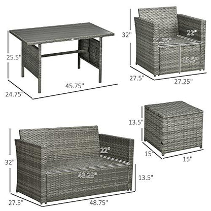 Outsunny 6 Pieces Patio Dining Set, PE Rattan Furniture Set with 2 Chairs Cushions & Outdoor Loveseat Sofa, Woodgrain Slatted Dinner Table, Mixed Gray - CookCave