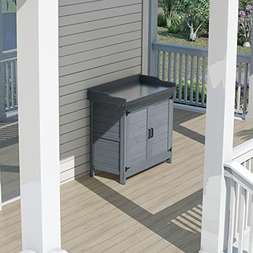 GOOD LIFE USA Outdoor Garden Patio Wooden Storage Cabinet Furniture Waterproof Tool Shed with Potting Benches Outdoor Work Station Table (Gray) - CookCave