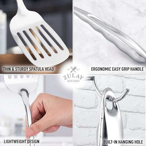 Zulay Kitchen Heavy Duty Stainless Steel Metal Spatula - 14.8" Stainless Steel Spatula for Cooking - Spatula Stainless Steel for Frying - Ergonomic Easy Grip Handle - Slotted Turner Grill Spatula - CookCave
