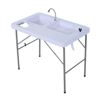 Outsunny Folding Camping Table with Faucet and Dual Water Basins, Outdoor Fish Table Sink Station, for Picnic, Fishing, 40'' - CookCave