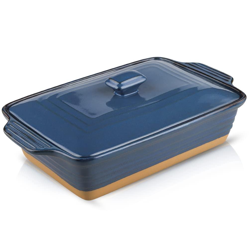 HVH Ceramic Casserole Dish with Lid Oven Safe, 3.5 Quart Large Casserole Dish, Covered Rectangular Casserole Dish Set, 9x13 Casserole Dish, Baking Dishes for Casseroles, Farmhouse Style (Blue) - CookCave