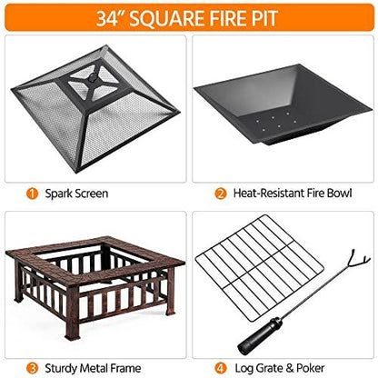 Yaheetech Fire Pit 34in Outdoor Fire Pits Fireplace Heater Stove with Screen, Waterproof Cover & Poker for BBQ Patio Bonfire - CookCave