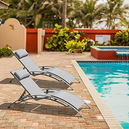 Domi Lounge Chair Set of 2, Aluminum Lounge Chairs for Outside with 5 Adjustable Positions, Chaise Lounge Outdoor for Pool, Garden, Beach, Camping, Backyard (Gray) - CookCave