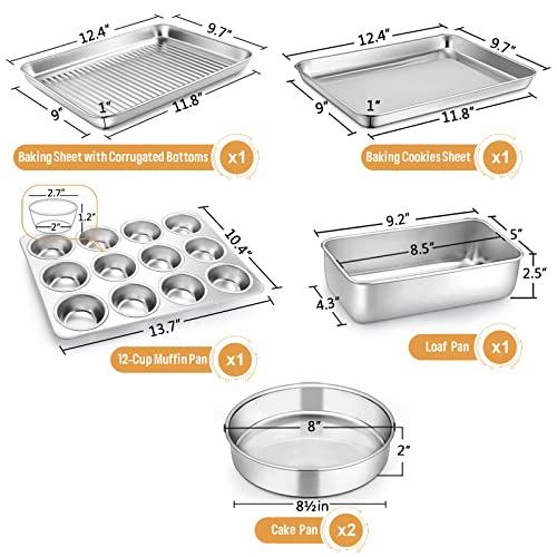 E-far 6-Piece Baking Pans set, Stainless Steel Bakeware Set for Oven, Include 8-Inch Cake Pan/Rectangle Baking Cookie Sheet/Muffin/Loaf Pan, Non-Toxic & Heavy Duty, Dishwasher Safe - CookCave