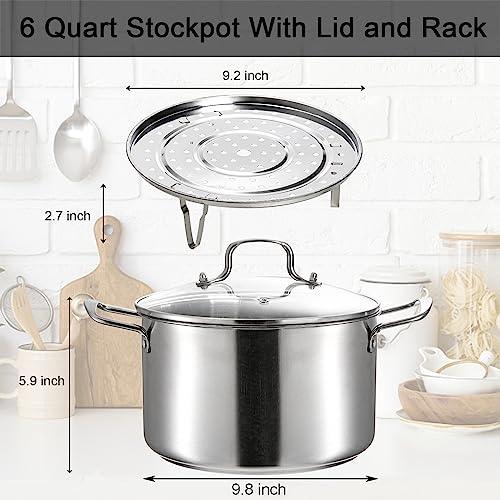 ZENFUN Stainless Steel Stockpot with Steamer Rack, 6 Quart Pot With Glass Lid, Non-stick Soup Pot with Handles, Small Cooking Pot 6 Quart, Sauce Pot, Induction Pot, Silver - CookCave