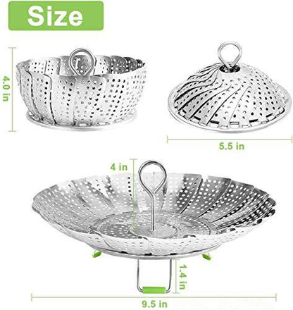 Stainless Steel Steamer Basket, Vegetable Steamer Basket for Instant Pot, Insert for Veggie/Seafood Cooking/Boiled Eggs with Safety Tool - Adjustable Sizes to fit Various Pots (5.1" to 9.5") - CookCave