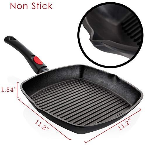 Moss & Stone Square Die Casting Aluminum Grill Pan, Removable Handle Griddle Nonstick Stove Top Grill Pan, for Meats & Vegetables, Dishwasher Safe 11In Square Pan with Detachable Handle - CookCave