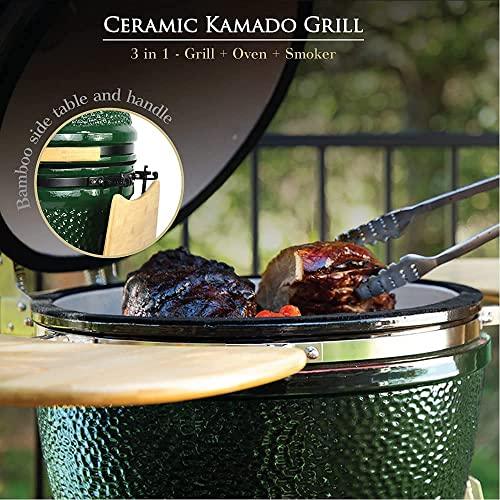 Humos - 23” ExtraLarge Ceramic Kamado, Grill Cooker + Oven + Smoker (With Trolley, Wheels and Cast Iron Vent) Cooking Area 305 Sq Inches - CookCave