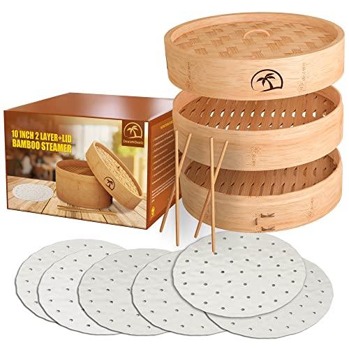 DEALZNDEALZ 3-Piece Bamboo Steamer Basket with Lid 10-inch 2-Tier, 50 Perforated Bamboo Steamer Liners with 2-Pairs of Bamboo Chopsticks - CookCave