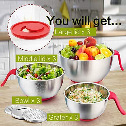 P&P CHEF Mixing Bowls with Lids, Stainless Steel Mixing Bowl Set for Kitchen Mix Cook Bake Prep, With Long Handle, Pour Spout, Non-slip Base, Grater Attachments, Functional Lids -1.5/3/5 QT (Red) - CookCave
