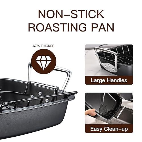 HONGBAKE Nonstick Turkey Roasting Pan with Rack, 17 x 13 Inch Large Chicken Roaster Pan for Oven, Suitable for 25lb Turkey, Heavy Duty, Dark Grey - CookCave