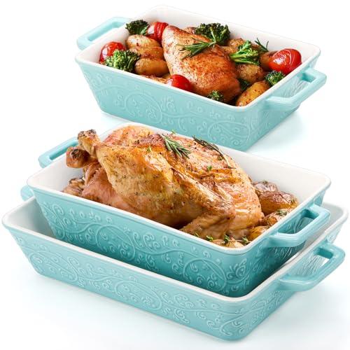 Okllen Set of 3 Casserole Dishes for Oven, Ceramic Baking Dishes with Handles, Rectangular Lasagna Pan Bakeware Set for Baking Cooking, Roasting, Broiling, Gratin, Wedding & Housewarming Gift, Blue - CookCave