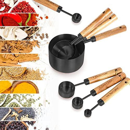 PrettyFine Collection 8 Piece Black Measuring Cups Set and Measuring Spoons, Golden With fragrant wood Handles-Complete Set of Measure Cups and Spoons For Cooking and Baking. - CookCave