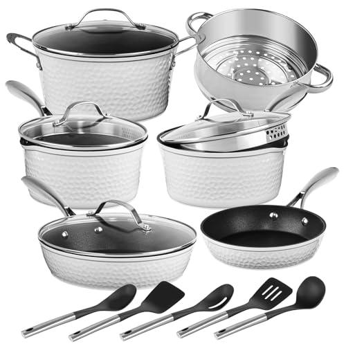 Granitestone 15 Piece Pots and Pans Set Nonstick Cookware Set, Pot and Pan Set, Kitchen Cookware Sets, Induction Cookware Set, Frying Pan Set, Pot Set Induction Cookware, Dishwasher Safe, Cream White - CookCave