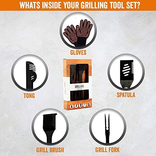 Yukon Glory™ Heavy Duty 5 Piece Grilling Tools Set, Durable Stainless Steel BBQ Accessories, Long Handle 3 in 1 Spatula, Tongs, Brush, Grill Fork, Thick Grilling Gloves, Gift Set - CookCave