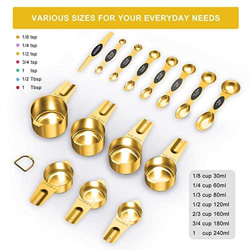 LIFETOWE Gold Measuring Cups and Spoons Set of 15, 18/8 Stainless Steel, Includes 7 Nesting Metal Measuring Cups,8 Magnetic Measuring Spoons set - Ideal Kitchen Gadgets for Cooking and Baking Needs - CookCave