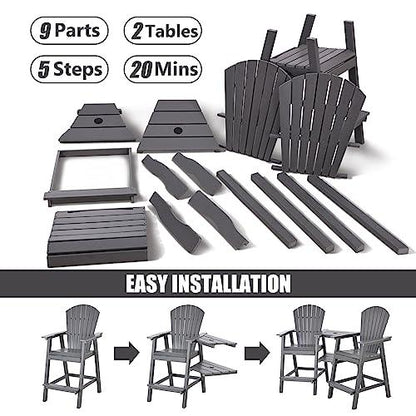 FOOWIN Tall Adirondack Chairs Set of 2，Recycled Poly Balcony Chair with Double Connecting Tray Patio Stools Weather Resistant for Outdoor Deck Lawn Pool Backyard (Double Connecting Tray, Grey) - CookCave