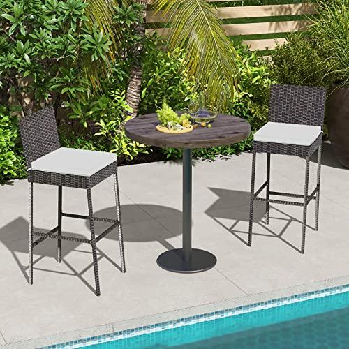 Tangkula Set of 2 Patio Wicker Barstools, Outdoor Bar Height Chair w/Soft Seat Cushion & Cozy Footrest, Heavy-Duty Metal Frame, 400 lbs Max Load, Mix Brown Rattan Bar Chair for Backyard, Balcony - CookCave