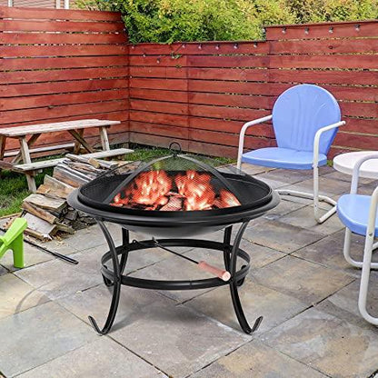 22Inches Fire Pit Outdoor Steel Wood Burning BBQ Grill Firepit Bowl Fireplace with Mesh Screen & Fire Poker, Log Grate - CookCave