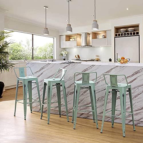 Changjie Furniture Metal Bar Stools Set of 4 Distressed Industrial Counter Bar Stool with Backs Bistro Cafe Barstools(30 inch, Distressed Blue-Green) - CookCave