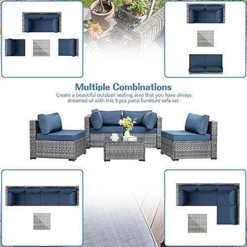 Shintenchi 5 Pieces Outdoor Patio Sectional Sofa Couch, Silver Gray PE Wicker Furniture Conversation Sets with Washable Cushions & Glass Coffee Table for Garden, Poolside, Backyard (Aegean Blue) - CookCave