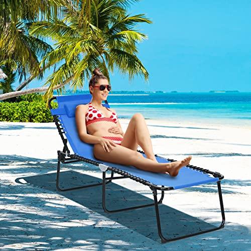 GYMAX Lounge Chairs for Outside, Extra High Folding Beach Tanning Lounger with 4-Level Adjustable Backrest, 2-Level Footrest & Removable Pillow, Sunbathing Lounge for Patio, Lawn, Poolside (1, Navy) - CookCave