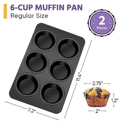 E-far Muffin Pan Set of 2, Non-stick Muffin Pan Tin for Baking, 6-Cup Metal Cupcake Pan Tray for Oven, Easy Release & Clean, Regular Size - 11.44 x 7.12 x 1.25 Inch - CookCave