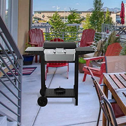 Nexgrill Outdoor Cooking 2 Burner Propane Griddle Grill, 21.65" x 15" 323sq.in Portable Gas Griddle grill, Flat Top for Camping, Patio, Cart with Wheel, Side Shelves with Hooks, Black and Silver - CookCave