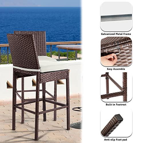 Outdoor Bar Stools Wicker Woven Patio Stools & Patio Bar Chairs Set of 4 Counter Bar Height Stools with Footrest Armless Cushion Beige All Weather Rattan Garden Stool for Pool Lawn Porch Backyard - CookCave
