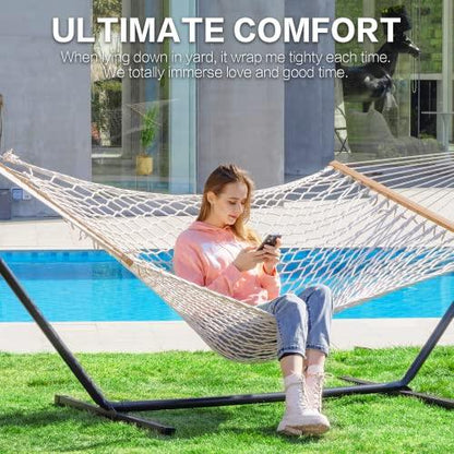 PNAEUT Double Rope Hammock with Stand Included, 12ft Heavy Duty Stand, 2 Person Traditional Cotton Rope Hammocks with Pillow for Outside Porch Patio Backyard Outdoor, Max 475lbs Capacity (Burlywood) - CookCave