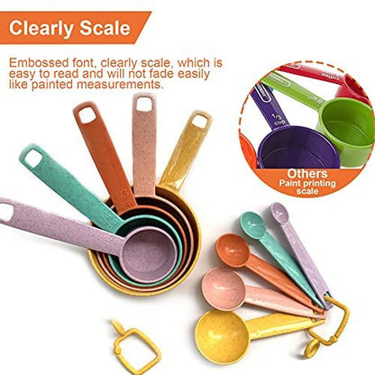 Plastic Measuring Cups and Spoons Set - 10 Pcs Colorful Kitchen Measuring Tool, Engraved Metric/US Markings Stackable Silicone Measure Cup for Liquid & Dry Measuring, Cooking & Baking, Random Color - CookCave