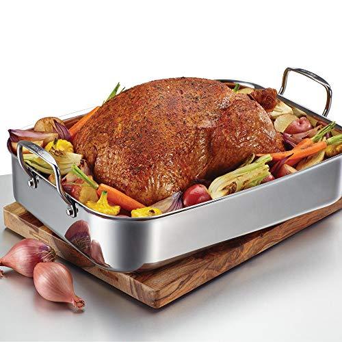 Anolon Triply Clad Stainless Steel Roaster / Roasting Pan with Rack - 17 Inch x 12.5 Inch, Silver - CookCave