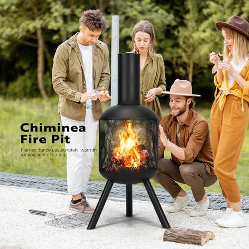 VIVOHOME 46 Inch Chiminea Outdoor Fireplace, Cold-Rolled Steel Wood Burning Fire Pit with Mesh Design, Top Chimney Cover, and Fire Poker Ideal for The Patio, Garden, and Backyard Black - CookCave