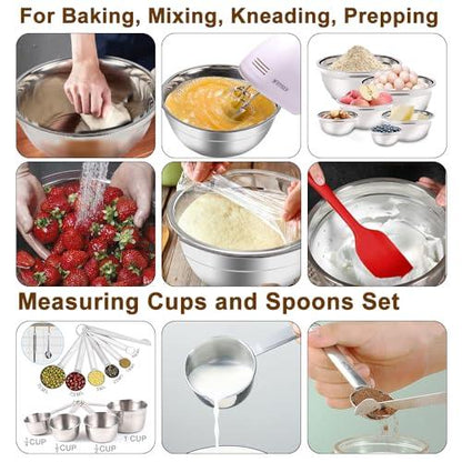 Hand Mixer Electric Mixing Bowls Set, 5 Speeds Handheld Mixer with 5 Nesting Stainless Steel Mixing Bowl, Measuring Cups and Spoons 200 Watt Kitchen Blender Whisk Beater Baking Supplies For Beginner - CookCave