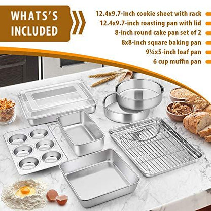 E-far Stainless Steel Bakeware Set, Metal Baking Pan Set of 9, Include Round/Square Cake Pans, Rectangle Baking Pan with Lid, Loaf Pan, Muffin Pan, Cookie Sheet with Rack, Dishwasher Safe - CookCave